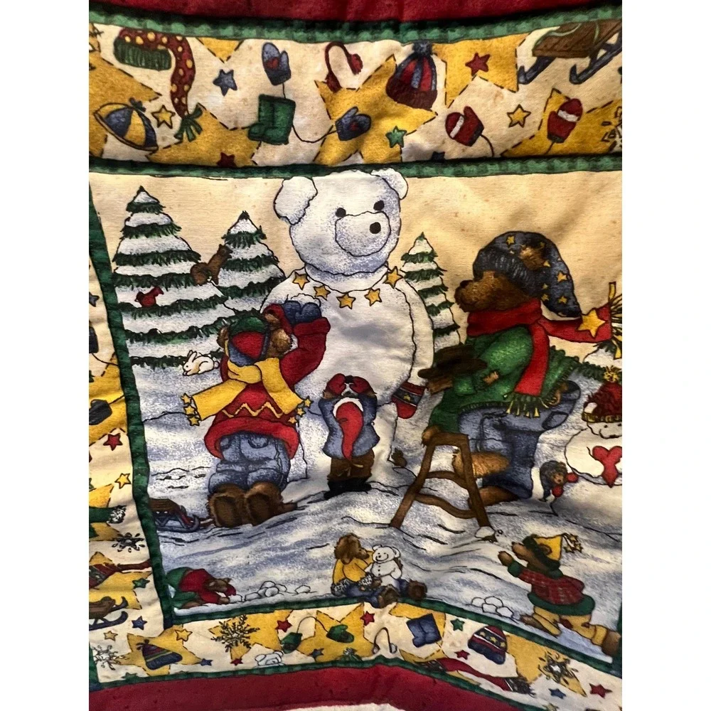 Vintage Christmas Teddy Bear Quilt Wall Hanging Handmade Holiday Decor‎ 17x16